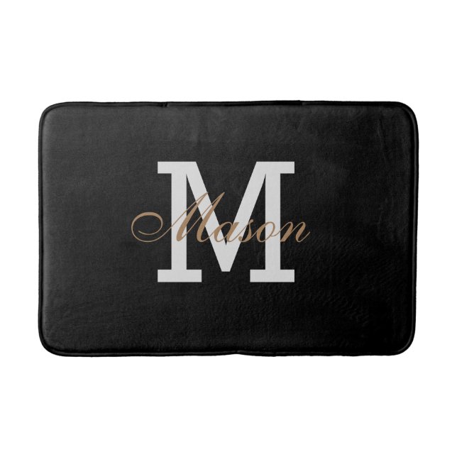 Modern Gold Black White Monogram Custom Chic Bath Mat (Front)