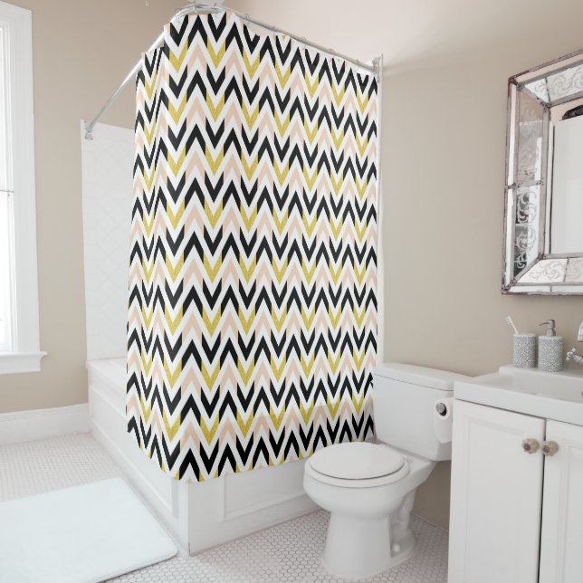 Modern Gold, Black, White, Pink Geometric Design Shower Curtain (In Situ)