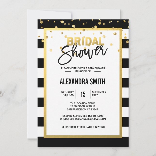 Modern Gold Black White Stripes Bridal Shower Invitation (Front)