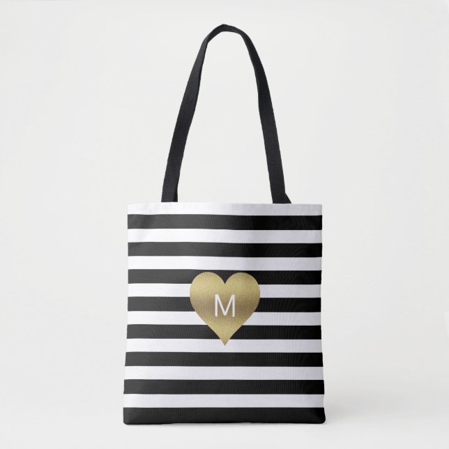 Modern Gold Black White Stripes Heart Monogrammed Tote Bag (Front)