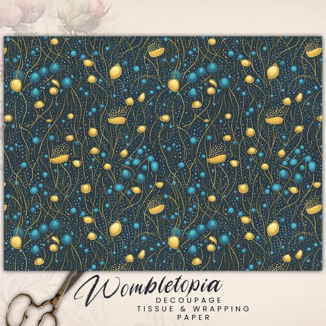 Modern Gold & Blue Abstract Floral Decoupage Tissue Paper (Creator Uploaded)