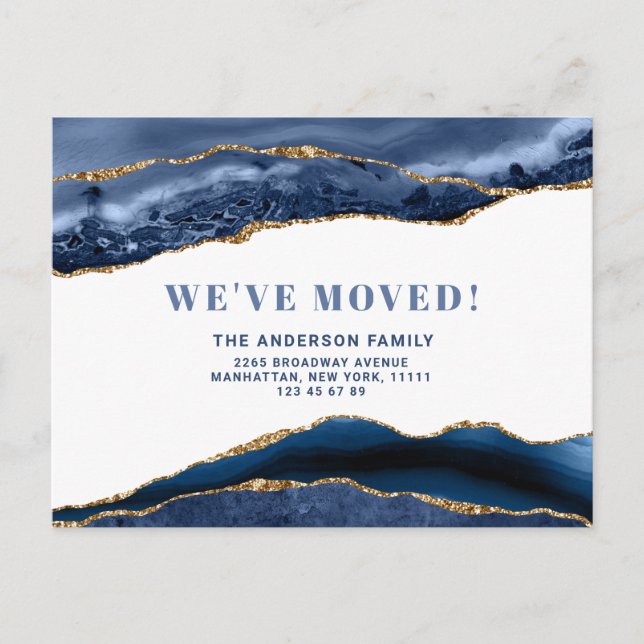 Modern Gold Blue Agate Marble Moving Announcemen Postcard (Front)