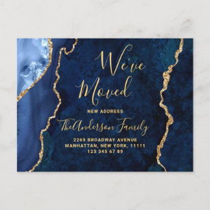 Modern Gold Blue Agate Marble Moving Announcement Postcard