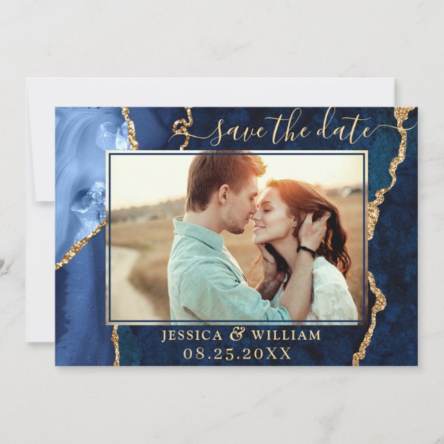 Modern Gold Blue Agate PHOTO Wedding Save the Date (Front)
