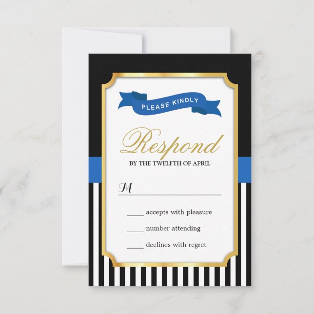 Modern Gold Blue Black White Stripes RSVP Card (Front)