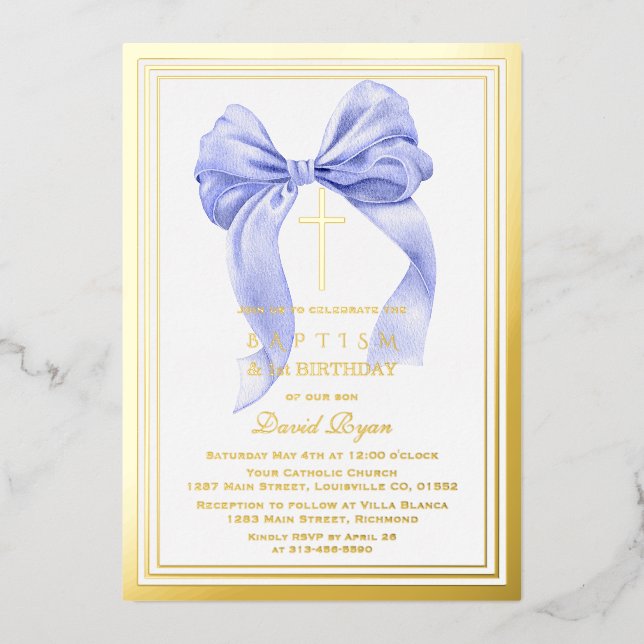 Modern Gold Blue Bow Boy 1st Birthday Baptism (Front)