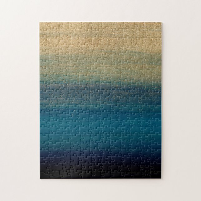 Modern Gold Blue Brush Strokes Painting Jigsaw Puzzle (Vertical)