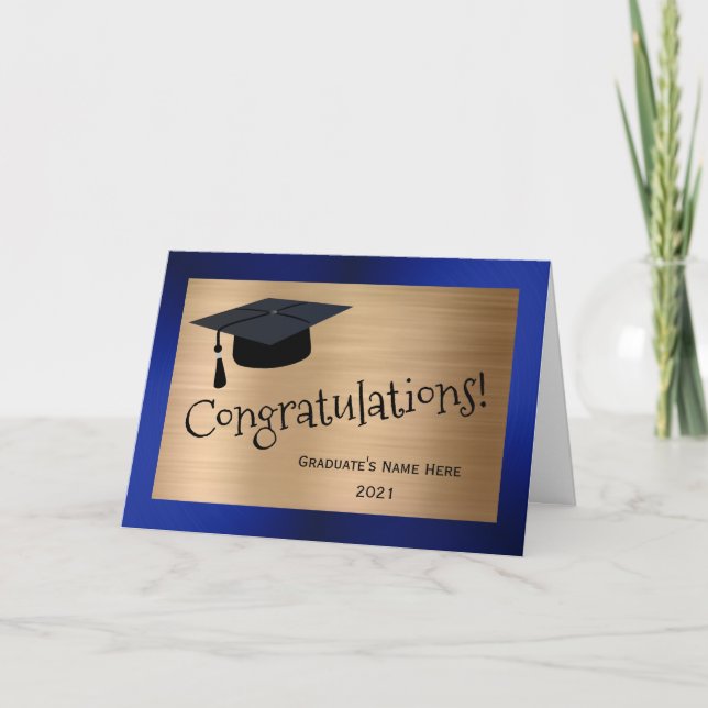 Modern Gold Blue Cap Congratulations Graduation Card (Front)