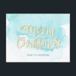 Modern Gold & Blue Christmas Beach Watercolor Postcard<br><div class="desc">Lovely watercolor (beach) scene Christmas Holiday family postcard.   Light pastel blue ,  turquoise with MERRY CHRISTMAS in faux glitter gold.  Add your season greeting wishes in the back. Perfect from holidays spent in the south destination.</div>