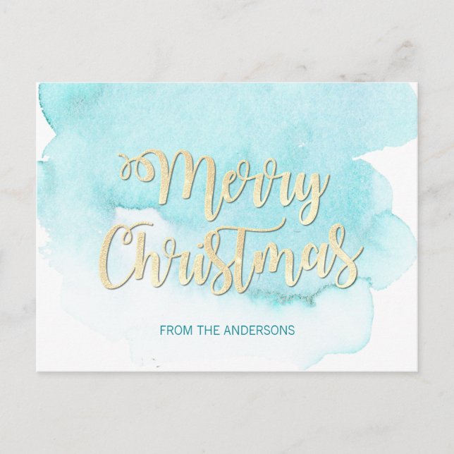 Modern Gold & Blue Christmas Beach Watercolor Postcard (Front)