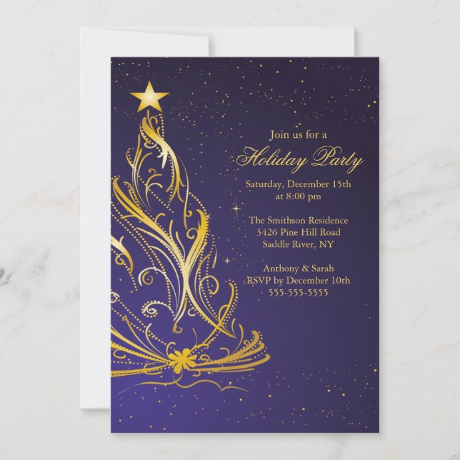 Modern Gold & Blue Christmas Holiday Party Invitation (Front)