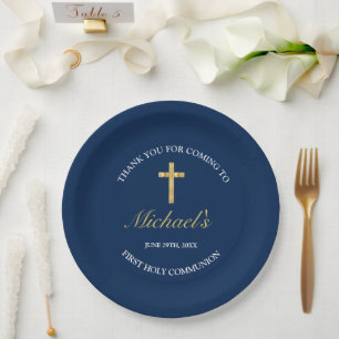 Modern Gold Blue Cross First Communion Reception Paper Plate