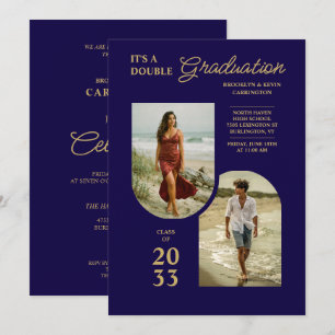 Modern Gold Blue Double Grad 2 Photo TMF26 Invitation