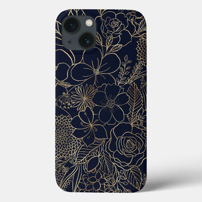 Modern Gold Blue Floral Doodles line art Case-Mate iPhone Case (Back)