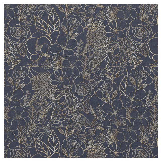 Modern Gold Blue Floral Doodles line art Fabric (Close Up)