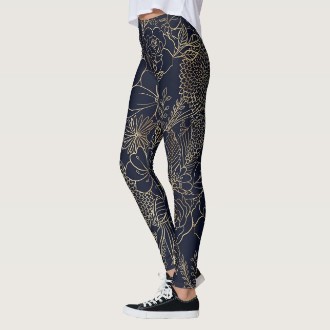 Modern Gold Blue Floral Doodles line art Leggings (Left)