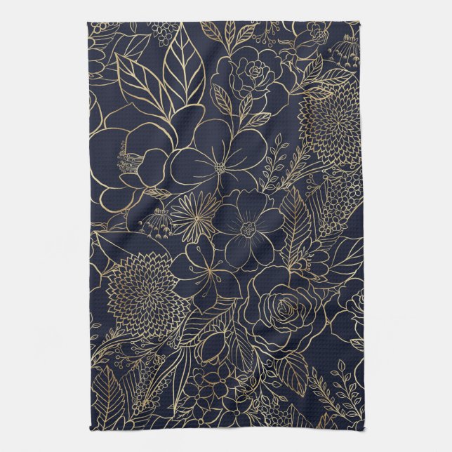 Modern Gold Blue Floral Doodles line art Tea Towel (Vertical)