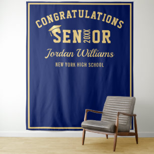 Modern Gold Blue Graduation Photo Booth Backdrop Tapestry