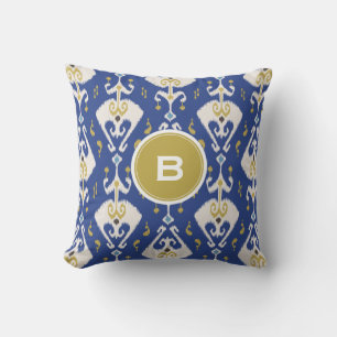 Modern gold blue ikat tribal pattern monogram cushion