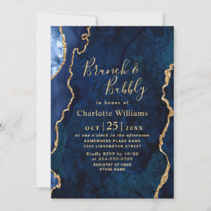 Modern Gold Blue Marble Agate Brunch & Bubbly Invitation