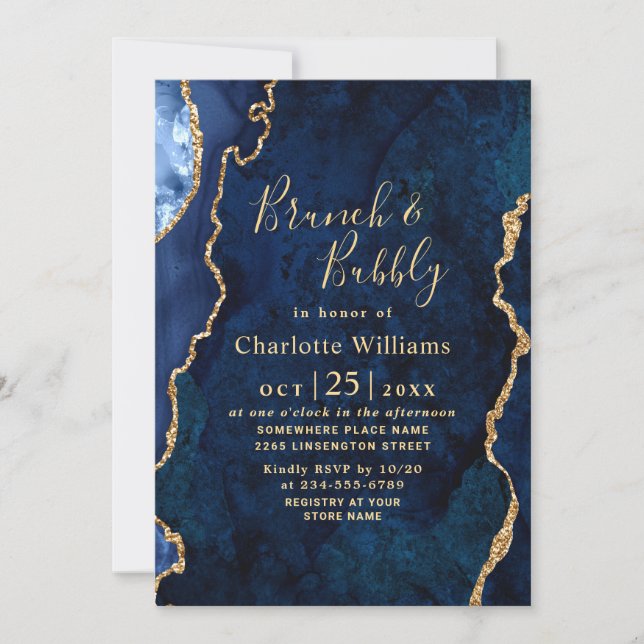 Modern Gold Blue Marble Agate Brunch & Bubbly Invitation (Front)