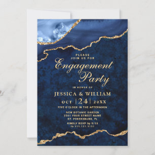 Modern Gold Blue Marble Agate Engagement Party Invitation