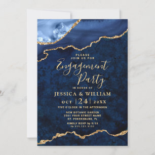 Modern Gold Blue Marble Agate Engagement Party Invitation