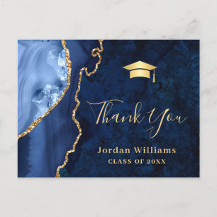 Modern Gold Blue Marble Agate Graduation Thank You Postcard