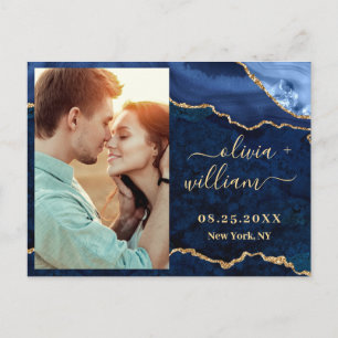Modern Gold Blue Marble Agate PHOTO Save the Date Postcard