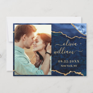 Modern Gold Blue Marble Agate PHOTO Wedding Save T Save The Date