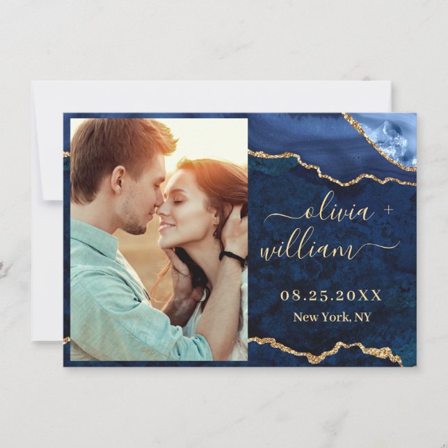 Modern Gold Blue Marble Agate PHOTO Wedding Save T The Date (Front)