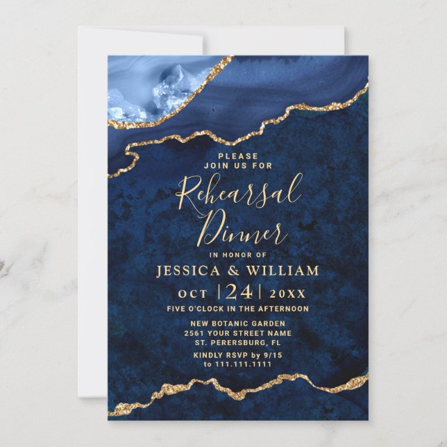 Modern Gold Blue Marble Agate Rehearsal Dinner Invitation (Front)
