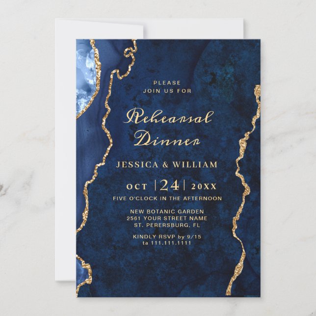 Modern Gold Blue Marble Agate REHEARSAL DINNER Invitation (Front)