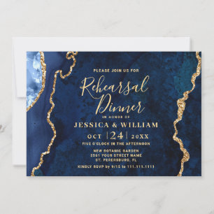 Modern Gold Blue Marble Agate Rehearsal Dinner Invitation