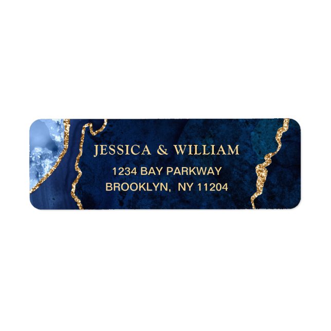 Modern Gold Blue Marble Agate Return Address Label (Front)