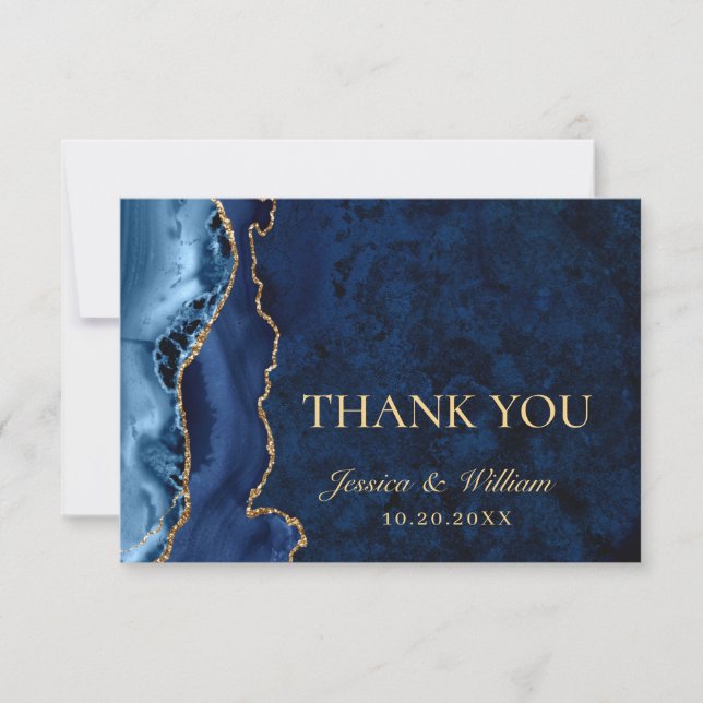 Modern Gold Blue Marble Agate Thank You Card (Front)