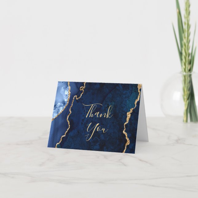 Modern Gold Blue Marble Agate Thank You Card (Front)