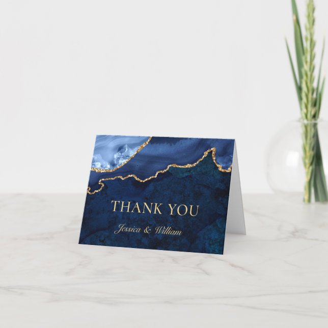 Modern Gold Blue Marble Agate Thank You Card (Front)