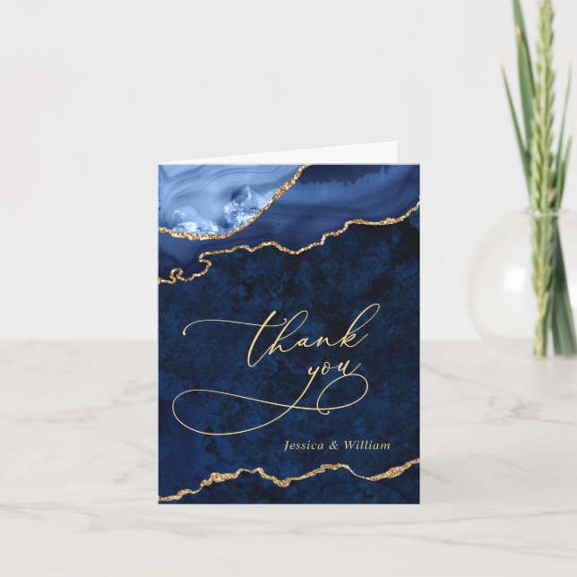Modern Gold Blue Marble Agate Thank You Card (Front)