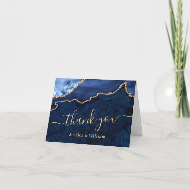 Modern Gold Blue Marble Agate Thank You Card (Front)