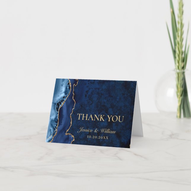 Modern Gold Blue Marble Agate Thank You Card (Front)