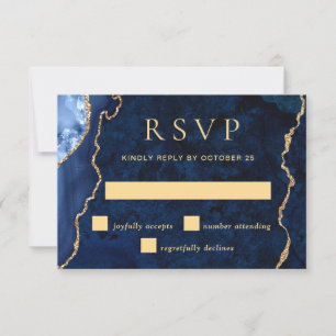 Modern Gold Blue Marble Agate Wedding RSVP Card