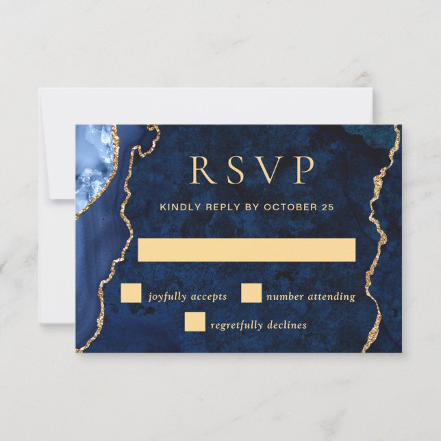 Modern Gold Blue Marble Agate Wedding RSVP Card (Front)