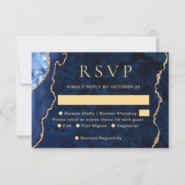 Modern Gold Blue Marble Agate Wedding RSVP Card (Front)