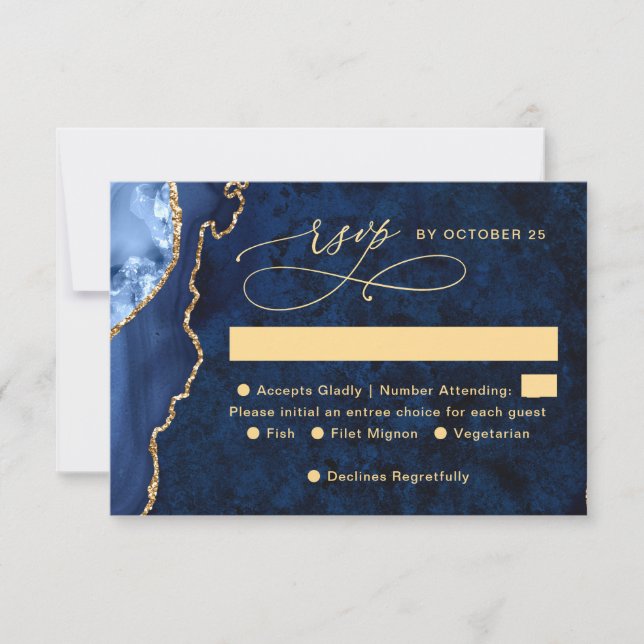 Modern Gold Blue Marble Agate Wedding RSVP Card (Front)