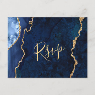 Modern Gold Blue Marble Agate Wedding RSVP Postcard