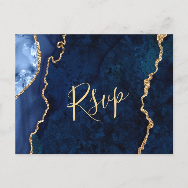 Modern Gold Blue Marble Agate Wedding RSVP Postcard (Front)
