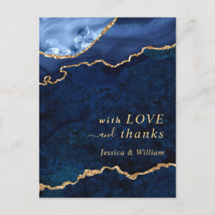 Modern Gold Blue Marble Agate Wedding Thank You Po Postcard