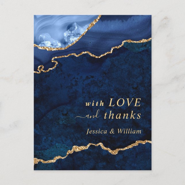 Modern Gold Blue Marble Agate Wedding Thank You Po Postcard (Front)