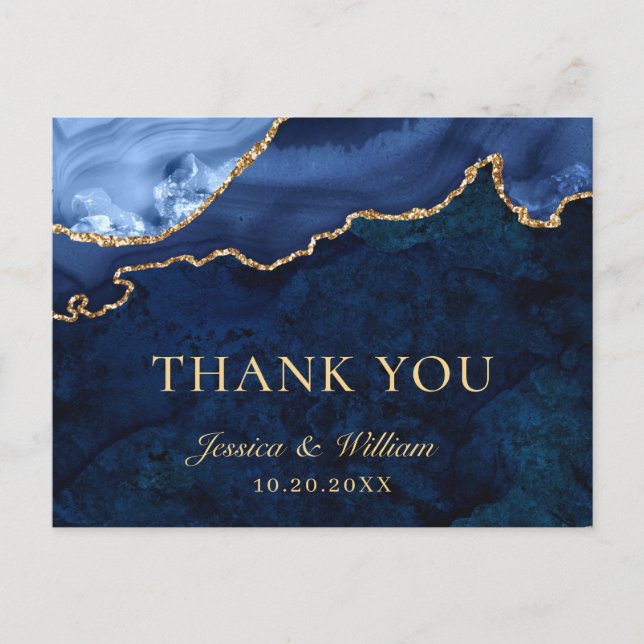 Modern Gold Blue Marble Agate Wedding Thank You Postcard (Front)